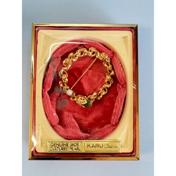 Vintage Karu Arke Inc. Genuine Jade & Cultured Pearl Gold-Tone Circle Brooch - Picture 1 of 6